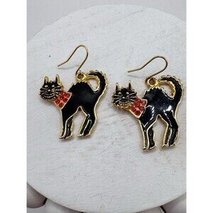 Vintage Black Halloween Cat Earrings Arched Back Red Rhinestone Collar Smiling